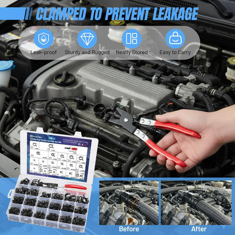 400-Piece Spring Hose Clamp Set 6-35mm With Pliers in use on car engine with storage case visible