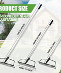 Heavy Duty 16 Tine Bow Rake With Adjustable Stainless Steel Handle For Yard Work Loosening Soil Leveling Mulch And Gathering Leaves Rust Resistant All Season shown with adjustable handle lengths and 16-tine bow rake heads