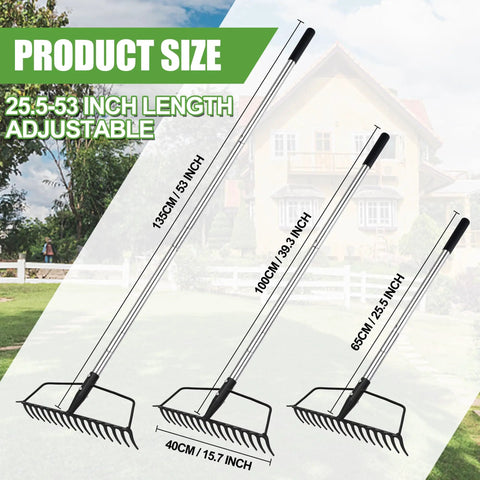 Heavy Duty 16 Tine Bow Rake With Adjustable Stainless Steel Handle For Yard Work Loosening Soil Leveling Mulch And Gathering Leaves Rust Resistant All Season shown with adjustable handle lengths and 16-tine bow rake heads