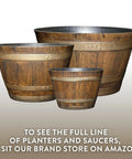Outdoor Whiskey Barrel Planter Set Of 2 Made From Resin In Walnut Brown With UV Coating And Drainage Holes, shown in three sizes.