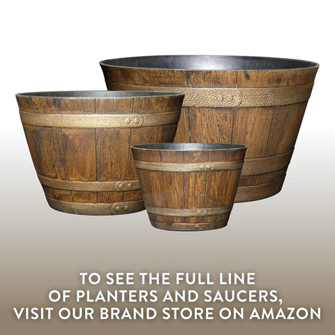 Outdoor Whiskey Barrel Planter Set Of 2 Made From Resin In Walnut Brown With UV Coating And Drainage Holes, shown in three sizes.
