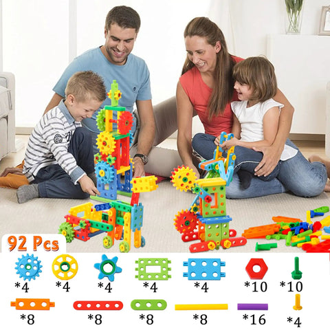 Family playing with Totally Legit 92 Piece Screw Engineering Blocks Set With Sensory Construction Bricks for STEM activities.