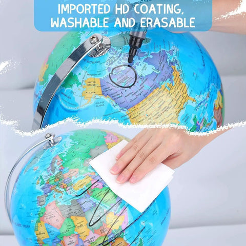 8 Inch Blue World Globe With Stainless Steel Stand being cleaned, showcasing its washable and erasable HD coating design.