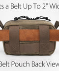 Back view of olive Heavy Duty Waxed Canvas Belt Pouch With YKK Zippers For Men And Women, EDC Waist Pack for 2-inch belts