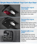 Installation steps for Sun Visor Repair Kit For RAM 1500 2019-2023, showing cover plate removal, screw replacement, new clip installation.