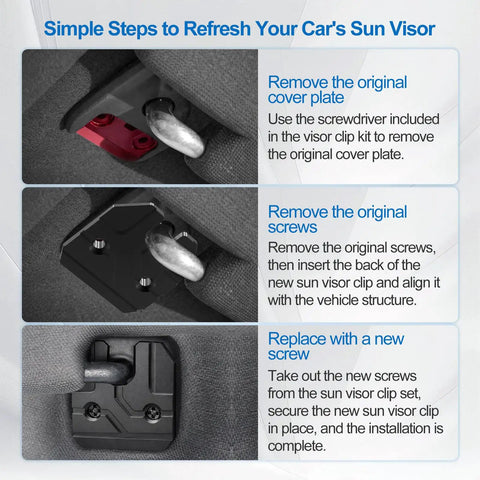 Installation steps for Sun Visor Repair Kit For RAM 1500 2019-2023, showing cover plate removal, screw replacement, new clip installation.