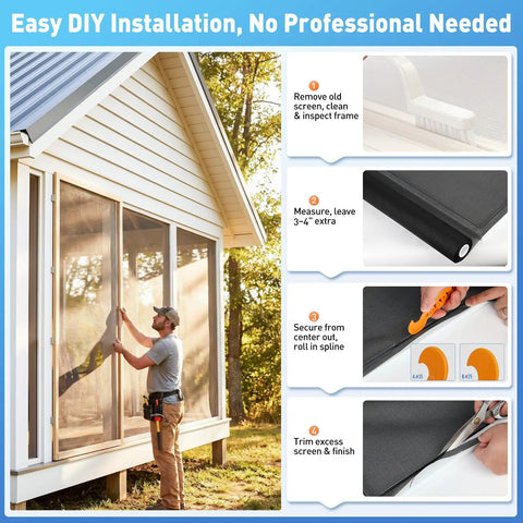 Pet Resistant Window Screen Replacement Mesh 48W X 99L 2 Pack Durable Polyester DIY Repair Kit shown installed on porch.
