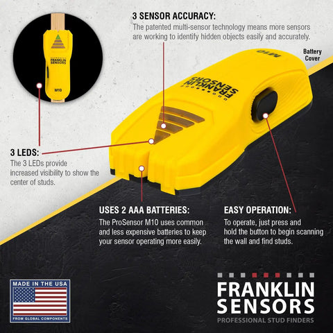 Top Notch Stud Finder For Drywall With 3 Patented Sensors Delivers Precise Center Detections, yellow sensor with LEDs and battery cover