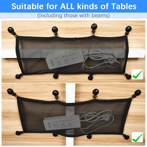 Under Desk Cable Management Net with Privacy Mesh showing large capacity cord organizer installed under desk