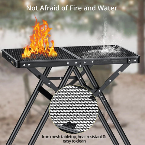 Foldable Grill Table For Camping And BBQ, Heavy Duty 180 Lb Capacity, Two Height Settings Up To 28 Inches, heat resistant