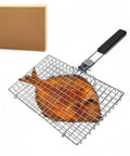 Square BBQ Fish Basket For Grilling Great For Camping Stainless Steel Rust Resistant Easy To Clean Stable Design Keeps Fish In Place Outdoor Cooking Essential For Any Grill Session showing a grilled fish inside.