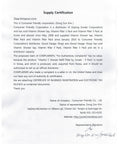 Supply certification letter from Consumer Friendly Corporation, detailing Vitamin C Shower Filter Cartridge Refill Pack distribution.