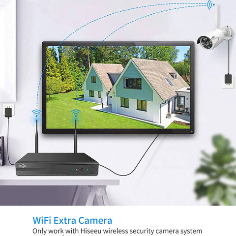 Add On 3MP Outdoor Wireless Security Camera For 10 Channel Systems, showing monitor display and camera setup