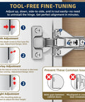 Tool-free adjustable 12 Pack Half Inch Overlay Soft Close Cabinet Hinges showing depth, overlay, and height adjustments.