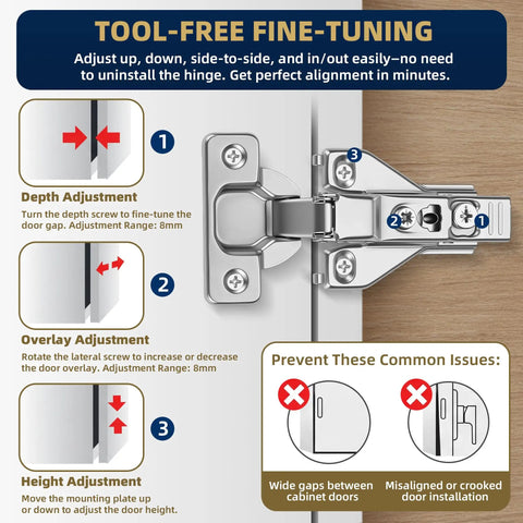 Tool-free adjustable 12 Pack Half Inch Overlay Soft Close Cabinet Hinges showing depth, overlay, and height adjustments.