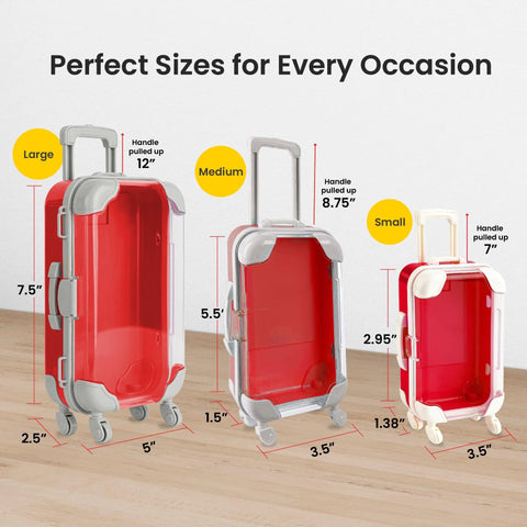 Hammont red mini suitcase party favor boxes with wheels in large, medium, and small sizes; 3-pack ideal for gifts.