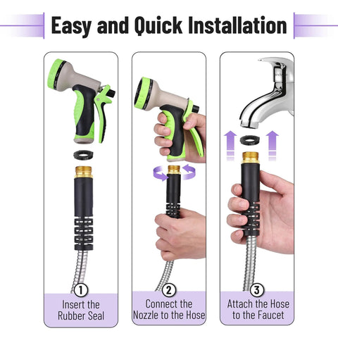 Installation steps for Stainless Steel Garden Hose 25 Ft Heavy Duty Flexible Water Hose With 10 Function Spray Nozzle