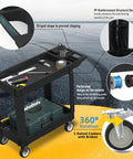 Heavy Duty Rolling Tool Cart With Deep Two Shelves 40 X 17 Inch Plastic Utility Cart On Wheels For Garage Shop And Warehouse 550 Lb Capacity Waterproof And Rustproof With Easy Clean Storage Organizer, showing black cart with tools on asphalt background.