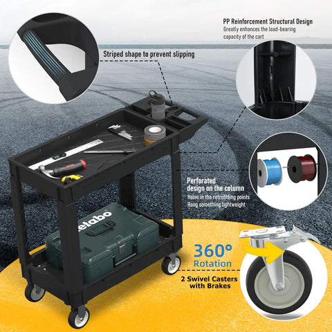 Heavy Duty Rolling Tool Cart With Deep Two Shelves 40 X 17 Inch Plastic Utility Cart On Wheels For Garage Shop And Warehouse 550 Lb Capacity Waterproof And Rustproof With Easy Clean Storage Organizer, showing black cart with tools on asphalt background.