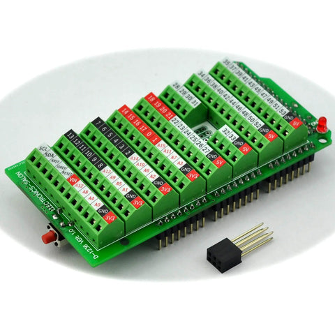 Screw Terminal Block Breakout Module for Arduino Mega 2560 R3 With Power On LED Side Reset Button Soldered And Assembled 3.5mm Pitch Compatible With 26 AWG To 16 AWG Wire, green PCB with labeled screw terminals