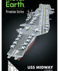 Premium Series USS Midway Aircraft Carrier 3D Metal Model Kit packaging with detailed carrier image, DIY snap assembly.
