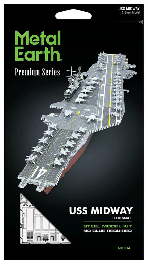Premium Series USS Midway Aircraft Carrier 3D Metal Model Kit packaging with detailed carrier image, DIY snap assembly.
