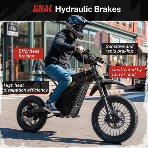 Dual Pack Off Road Beast Mode Electric Dirt Bike With 4160W Mid Drive Motor And 52V 26Ah Battery rocking Hydraulic Brakes on street.
