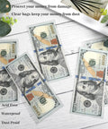 Clear Self Sealing Cellophane Money Bags Pack Of 100 For Currency Cash, displayed with 100 dollar bills inside on a wooden surface.