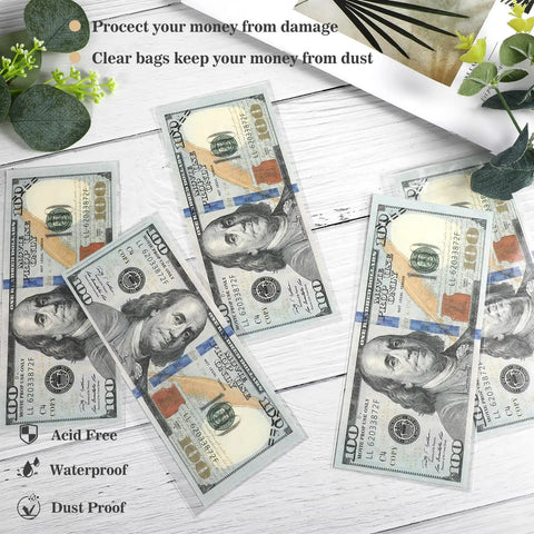 Clear Self Sealing Cellophane Money Bags Pack Of 100 For Currency Cash, displayed with 100 dollar bills inside on a wooden surface.