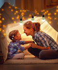 Mother and child in a tent lit by Rechargeable Camping Light With Clip Hook Your Go To Portable Tent Lantern