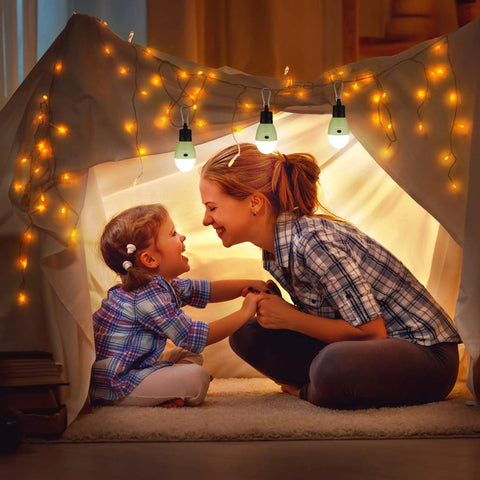 Mother and child in a tent lit by Rechargeable Camping Light With Clip Hook Your Go To Portable Tent Lantern