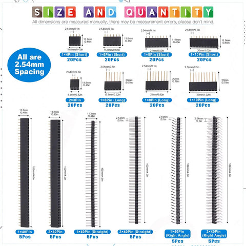 DIY Ready 190 Pcs 2.54mm Pin Header Kit With Long And Short Needle Headers for Arduino, showing assorted pin sizes and types.