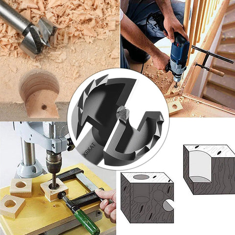 Real Deal Two Piece Three Quarter Inch Forstner Drill Bits Cut Smooth Flat Bottom Holes On Hard Or Soft Wood Without Ragged Edges Featuring A Rock Solid Three Eighth Inch Shank Made For Quick Heavy Duty Woodshop Work Any Maker Loves. Drill bits cutting holes in wood with shavings scattered around.