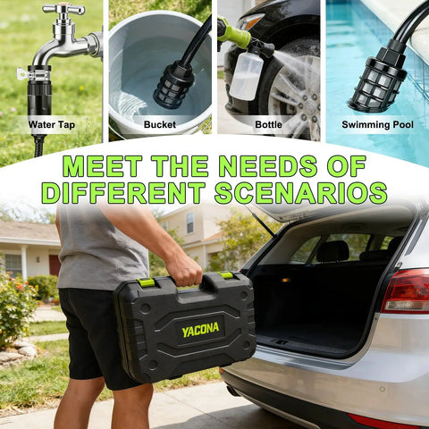 Top Shelf Cordless Handheld Washer With Brushless Motor Portable Pressure Washer Featuring Hella Strong Water Flow and Three Adjustable Pressure Settings for Cars and Gear, shown with various water sources.