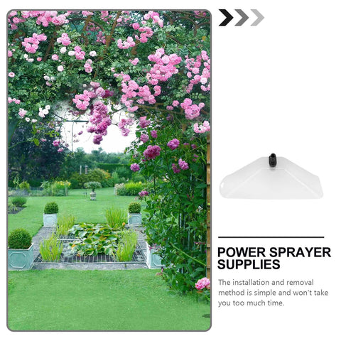 Windproof Sprayer Nozzle With Dual Horn Design For Agricultural Use next to a garden with blooming pink flowers