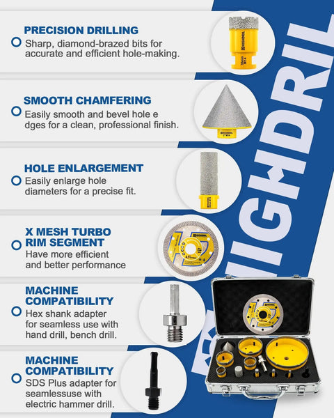 Features of 13-Piece Diamond Tile Hole Saw Kit For Ceramic Porcelain Granite Marble with adapters and core bits displayed.