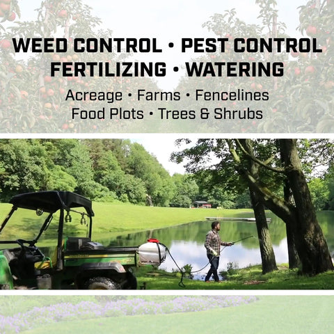 Person using Made In USA 25 Gallon ATV UTV Sprayer With 12 Volt Power for lawn care near a lake.