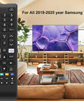 Universal Samsung TV Remote Control Replacement That Works With All Samsung LCD LED HDTV 3D Smart TVs Including Every Series Easy Setup No Code Needed Plug And Play IR Remote shown in a living room setting with a TV in the background.