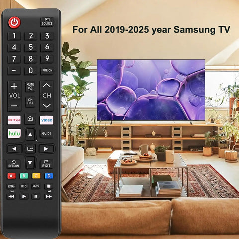 Universal Samsung TV Remote Control Replacement That Works With All Samsung LCD LED HDTV 3D Smart TVs Including Every Series Easy Setup No Code Needed Plug And Play IR Remote shown in a living room setting with a TV in the background.