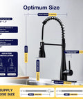 Optimum size infographic for TOYWIA Kitchen Faucets with Pull Down Sprayer, dimensions and installation details, matte black finish.