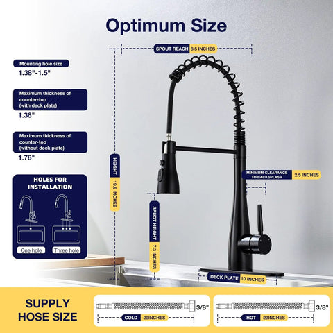Optimum size infographic for TOYWIA Kitchen Faucets with Pull Down Sprayer, dimensions and installation details, matte black finish.