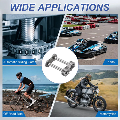Durable ANSI #120 Roller Chain Connecting Links With 38.1mm Pitch Featuring Solid Manganese Steel Build For Serious Heavy Duty Applications shown in various uses.