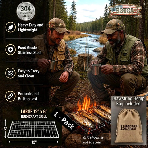 Portable Bushcraft Stainless Steel 304 BBQ Grill Grate With Burlap Hemp Drawstring Bag Large 6x12 Inch for outdoor cooking by river