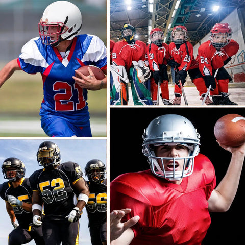 Athletes in football and hockey gear highlighting Pro Grade 81 Piece Football Helmet Repair Kit With Visor Clips J Clips Screws Nuts Washers And Screwdriver Chin Strap Adapter For Football Baseball And Softball Helmets