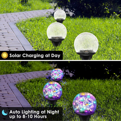 2 Pack Solar Garden Lights With 80 LED Colorful Cracked Glass Balls, multicolor outdoor decorative path lights day and night view