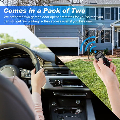 User holding Your Go To Multi Color 3 Button Garage Door Opener Remote With Key Chain Replacement For 890MAX, car dashboard visible.
