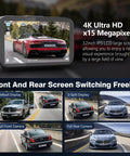 Ultra Crisp Dual Dash Cam Front And Rear 4K Plus 2.5K UHD with car screen views showing front and rear angles.