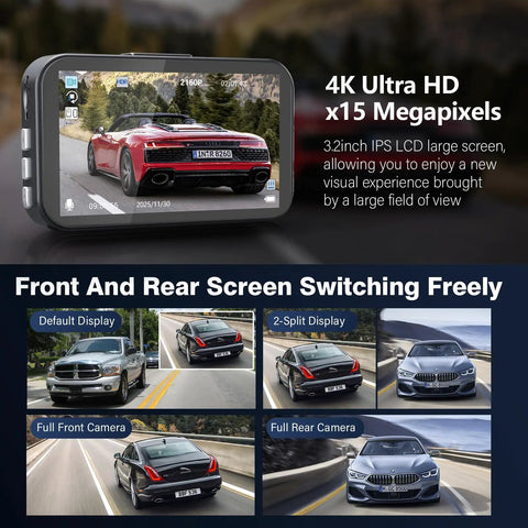 Ultra Crisp Dual Dash Cam Front And Rear 4K Plus 2.5K UHD with car screen views showing front and rear angles.