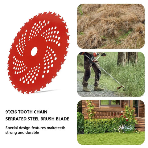 Heavy Duty 9 Inch Carbide Tipped Blades Set For Brush Cutter Trimmer Weed Eater next to image of brush and grass