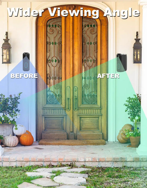 Comparison of Blink doorbell with and without corner mount showing wider viewing angle for enhanced motion detection